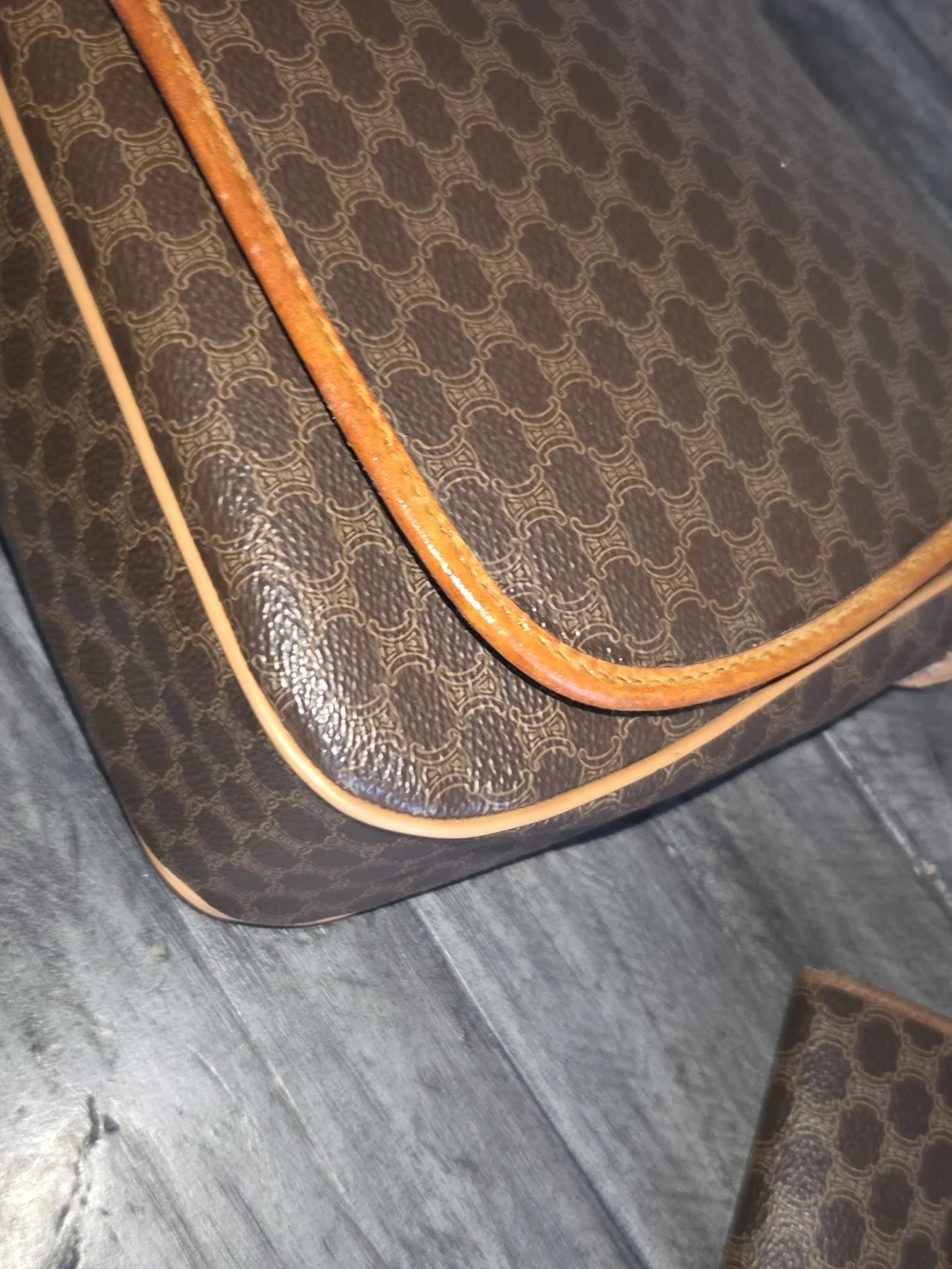Celine Vintage Brown Patterned Crossbody Bag with Tan Strap And Matching Wallet.